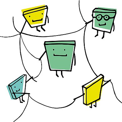 Fünf Figuren stehen im Raum und sind mit Fäden an den Händen verbunden.