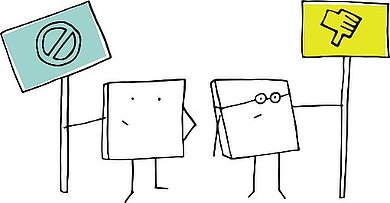 Zwei Figuren halten jeweils ein Schild in die Höhe, auf denen ein Symbol für „verboten“ und ein „Daumen runter“ zu sehen sind.
