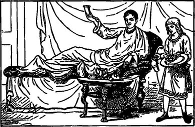 Schwarz-weiße Linienzeichnung eines liegenden Mannes auf einer Liege, der ein Trinkgefäß hält, neben ihm steht ein Diener mit einem Tablett.