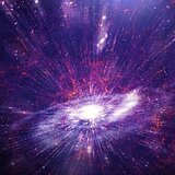 Künstlerische Interpretation eines Quasaren in violetten Farbtönen gehalten
