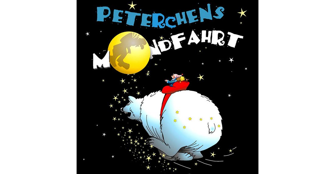 Logo von Planetariums Show "Peterchens Mondfahrt" - Junge reitet auf Eisbär einem Mond zu