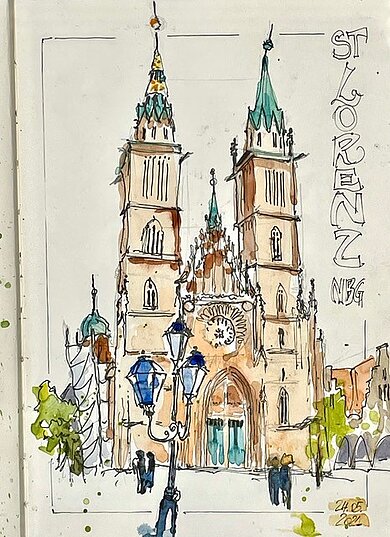 Buntes Sketch-Bild der Nürnberger Lorenzkirche.
