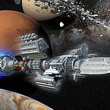 Raumschiff einer fiktiven zukünftigen Mission im Vorbeiflug an Planeten unseres Sonnensystems (animiert).