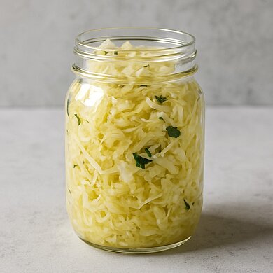 Fermentieren für Anfänger  Ein Glas voll mit fermentierten Sauerkraut steht auf einem Tisch, vor einer neutral gehaltenen Wand.