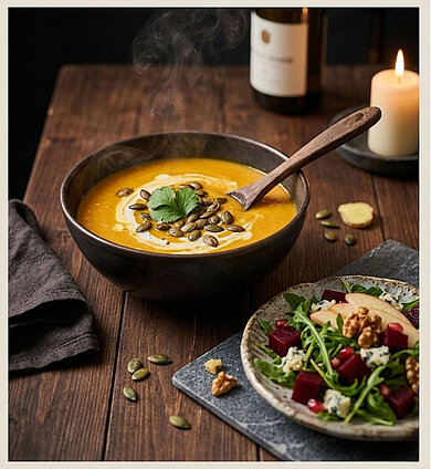 Auf einem rustikalen Holztisch steht eine große Schüssel mit herbstlicher Cremesuppe, daneben ein frischer Rote Beete Salat mit Rucola, Feta und Walnüssen. 