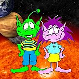 Die Aliens Felix, grün mit Antenne auf dem Kopf und Luna, rosa mit lila Strubbelhaaren im Vordergrund, im Hintergrund Ausschnitte der Sonne und der Planeten unseres Sonnensystems (animiert).

