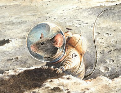 Die Maus Armstrong im Astronautenanzug auf dem Mond (colorierte Zeichnung). 
