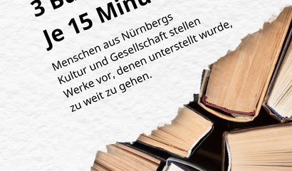 Bücherstapel und Solgan "3 Gäste. 3 Bücher. je 15 Minuten"