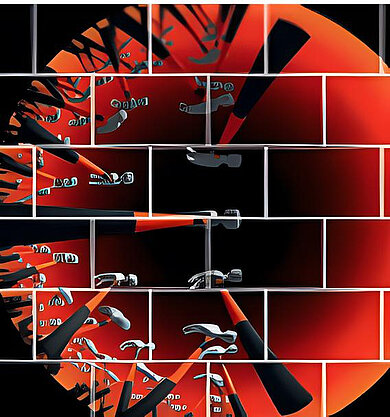 Backsteinmauer auf die von allen Seiten Hämmer schlagen (künstlerische Darstellung). 