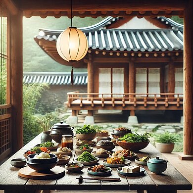 Willkommen in der Welt des K-Fusion Food Auf einem Tisch werden unterschiedliche koreanische Köstlichkeiten serviert. Im Hintergrund ist ein Tempel zu sehen.