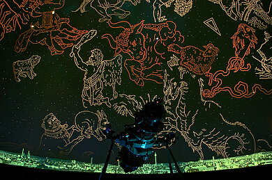 Im Vordergrund ist der Zeiss-Projektor Modell 5 sichtbar, der Sternbildprojektionen an die Planetariumskuppel wirft.
